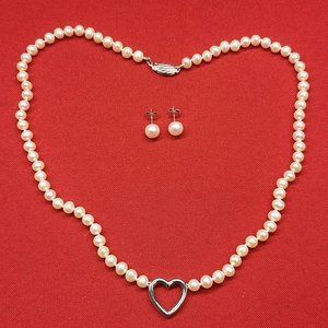 Freshwater Pearl Necklace Sterling Silver Heart Pendant Faux Pearl Earrings